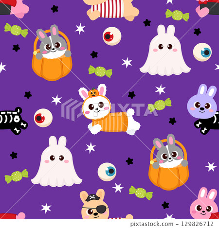 Cute rabbit in Halloween costume seamless pattern 129826712