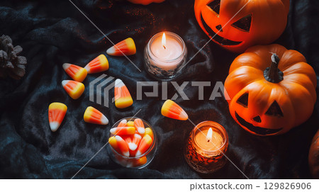 Halloween flatlay with candles and candy corn Halloween flatlay with candles and candy corn 129826906