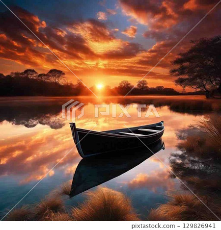 夕陽下波光粼粼的湖面 夕陽下波光粼粼的湖面 129826941