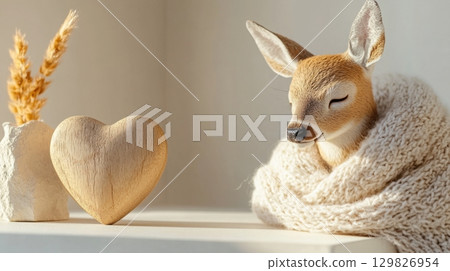 A deer character wrapped in a soft scarf standing beside a symbolic wooden heart sculpture on a white table 129826954