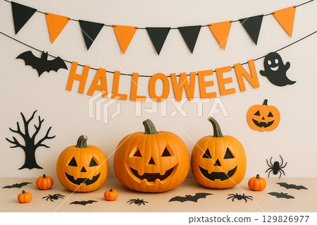 有趣的餐桌裝飾，配有萬聖節飾品和微笑南瓜 129826977