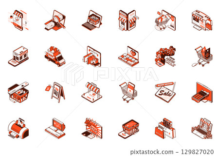 E-commerce concept of 3d isometric icons set. Collection with shopping, online shop, internet store, search, basket, supermarket cart, order and more in isometry design for web. Vector illustration. 129827020