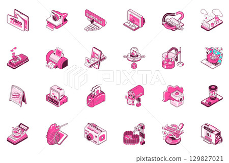 Content creation concept of 3d isometric icons set. Collection with follower, photo, subscribe, cloud storage, likes, posts, viral marketing and more in isometry design for web. Vector illustration. 129827021