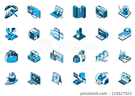 Analysis concept of 3d isometric icons set. Collection with chart, computer, diagram, data computing, graph, finance information, analyzing and more in isometry design for web. Vector illustration. 129827022