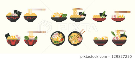 Large vector set of ramen illustrations in dark plates. Asian Japanese traditional food. noodles. elements for banners, posters, printed products, advertising, branding 129827250