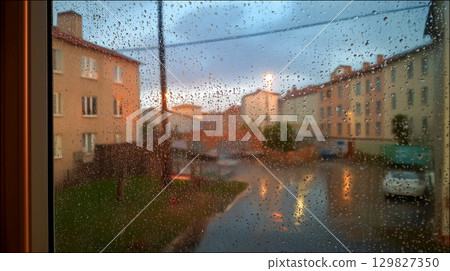Rainy day view from a cozy window in the city Rainy day view from a cozy window in the city 129827350