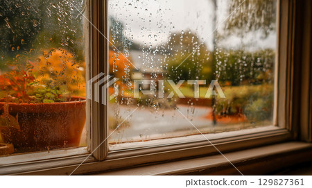 Cozy window view on a rainy day 129827361