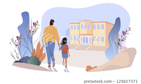 Father and daughter back to school entrance morning walk together holding hands approaching building surrounded by abstract plants pastel colors 129827371