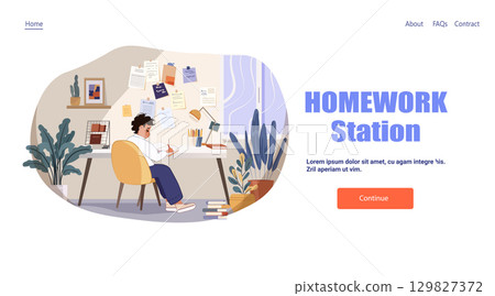 Student doing homework at desk organized study space plants books notes cozy room modern website banner template Student doing homework at desk organized study space plants books notes cozy room modern website banner template 129827372