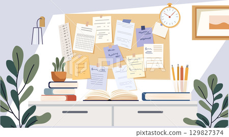 Study desk back to school organization workspace books stationery corkboard clock plants wall art modern home office decor 129827374