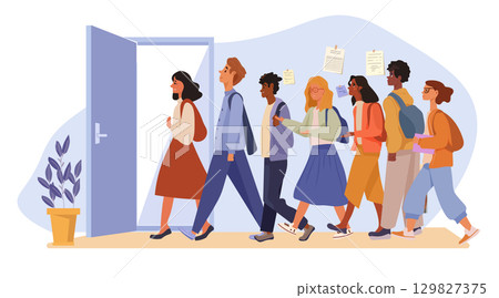 Students entering classroom back to school diverse group walking backpacks open door hallway decor modern education scene Students entering classroom back to school diverse group walking backpacks open door hallway decor modern education scene 129827375