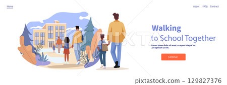 Parents and children walking to school morning outdoor scene modern building backpacks trees landing page 129827376