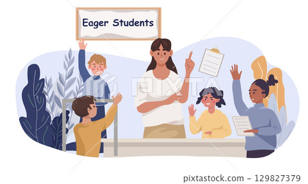 Eager students classroom teacher interaction raising hands learning diverse children desk plants clipboard educational scene website banner 129827379