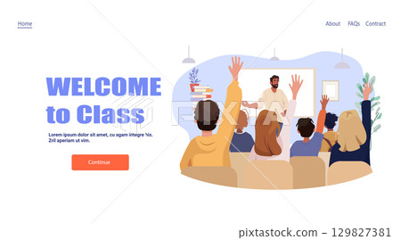 Students raising hands classroom teacher interaction education scene diverse children seated books plants modern web page template 129827381