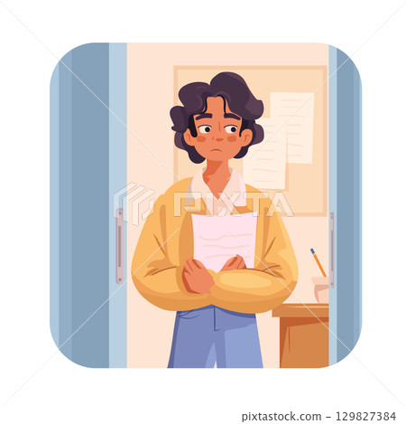 Student holding paper anxious expression classroom door pastel colors modern education concept school interior 129827384