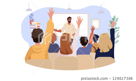 Students raising hands classroom teacher interaction school education diverse children sitting at desks books plants modern interior learning concept Students raising hands classroom teacher interaction school education diverse children sitting at desks books plants modern interior learning concept 129827386