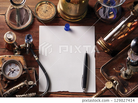 Steampunk laboratory with white paper Steampunk laboratory with white paper 129827414