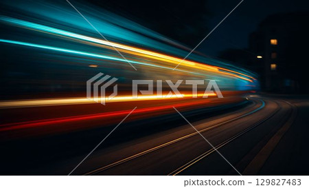 Trams and light trails running through the city at night 129827483