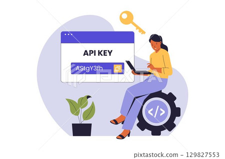 Woman Managing API Key for Secure Data Access Illustration 129827553