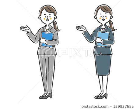 Female office worker holding a file and giving instructions, full body vector 129827682