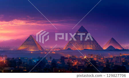 Ancient pyramids in the beautiful sunset 129827706