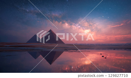 Ancient pyramids illuminated by milky way at night 129827710