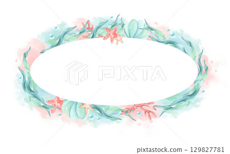 Watercolor nautical seaweed oval frame, seashell, corals on turquoise pink spot with bubbles. Marine style illustration template isolated from background. Children's art underwater plants postcard 129827781