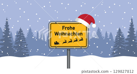 place sign with german text merry christmas in snowy winter landscape vector illustration 129827812