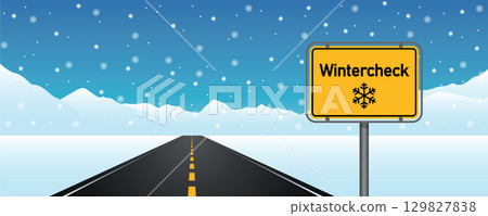 straight asphalted road in winter landscape with winter check traffic sign vector illustration straight asphalted road in winter landscape with winter check traffic sign vector illustration 129827838