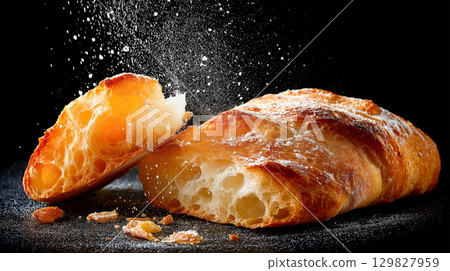 Freshly baked ciabatta bread with flour sprinkle 129827959
