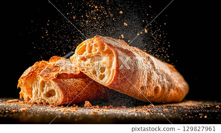 Freshly baked ciabatta bread on dark surface Freshly baked ciabatta bread on dark surface 129827961