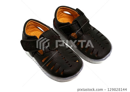 Children black shoes isolated on white background 129828144