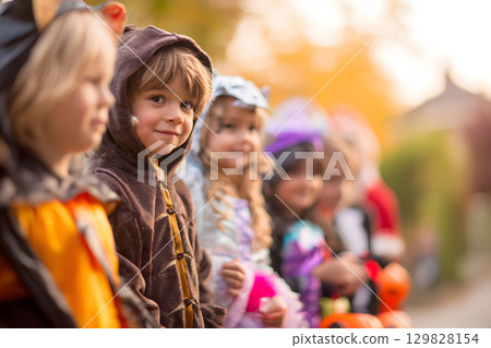 Children dressed up for Halloween. Portrait of a smiling girl holding candy 129828154
