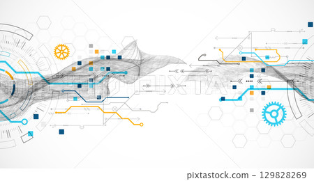 Abstract data background with wireframe wave and circuit lines. Technology concept. Vector Abstract data background with wireframe wave and circuit lines. Technology concept. Vector 129828269