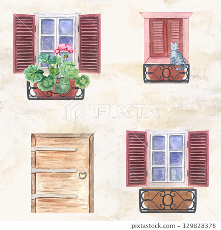 Rustic door, windows with wooden shutters, potted pink geraniums on ornate wrought iron balconies. Hand painted textured seamless watercolor pattern. Perfect for Mediterranean textiles, cards Rustic door, windows with wooden shutters, potted pink geraniums on ornate wrought iron balconies. Hand painted textured seamless watercolor pattern. Perfect for Mediterranean textiles, cards 129828378