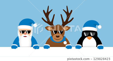 cute deer santa claus and penguin cartoon with sunglasses for christmas vector illustration 129828423