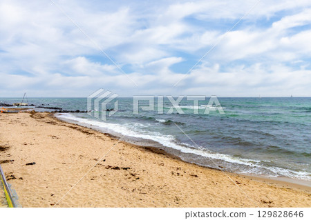 A lengthy beach with golden sand, seaweed lying on the sand A lengthy beach with golden sand, seaweed lying on the sand 129828646