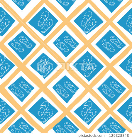 Seamless pattern with hand drawn sandals and flip flops on blue squares and diagonal orange grid 129828848