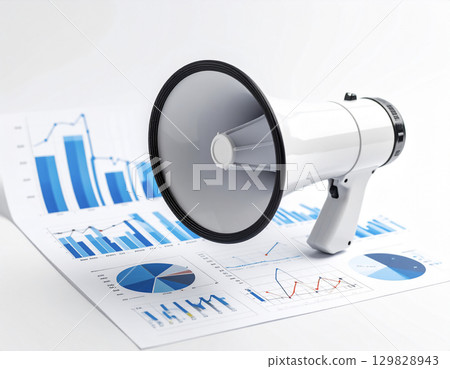 White megaphone, charts and graphs background 129828943