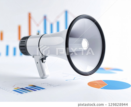 White megaphone, charts and graphs background 129828944