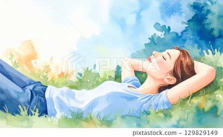 Illustration of a relaxing woman with watercolor texture 129829149