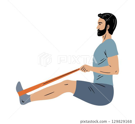 Man doing seated resistance band row exercise 129829168