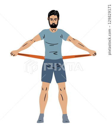 Man stretching resistance band behind back 129829171