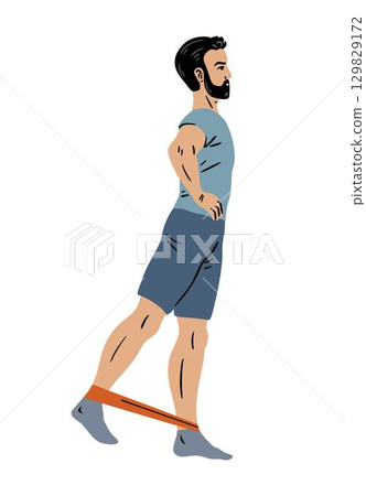 Man standing leg kick back with resistance band Man standing leg kick back with resistance band 129829172