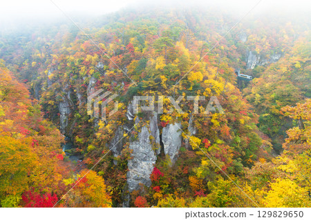 A train running through Naruko Gorge, shrouded in autumn leaves and morning mist A train running through Naruko Gorge, shrouded in autumn leaves and morning mist 129829650