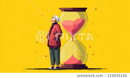 senior woman stands next to an hourglass metaphorical illustration 129830188