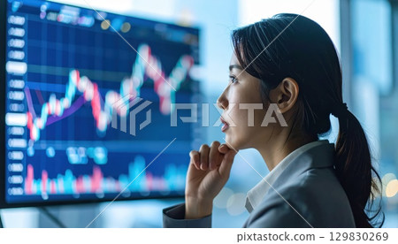 AI image: A woman looking at a rising stock price chart AI image: A woman looking at a rising stock price chart 129830269