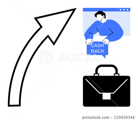 An upward arrow represents growth next to a person holding a cashback sign and a black briefcase. Ideal for business growth, cashback promotions, financial gain, marketing strategies, and efficiency An upward arrow represents growth next to a person holding a cashback sign and a black briefcase. Ideal for business growth, cashback promotions, financial gain, marketing strategies, and efficiency 129830348