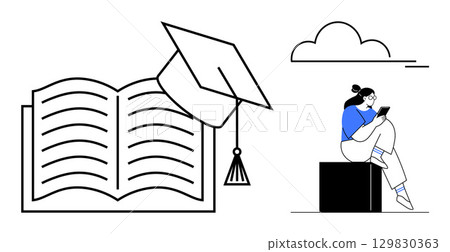 Graduation cap atop an open book opposite a student reading on a block with a cloud overhead. Ideal for education, graduation, learning, study, academic achievement, knowledge, and schooling themes Graduation cap atop an open book opposite a student reading on a block with a cloud overhead. Ideal for education, graduation, learning, study, academic achievement, knowledge, and schooling themes 129830363