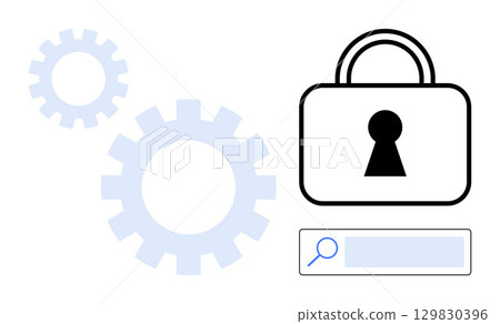 Gear wheels and lock icon with keyhole and search bar. Represents cybersecurity, data protection, privacy, technology, and system security. Ideal for tech platforms, educational tools, corporate 129830396